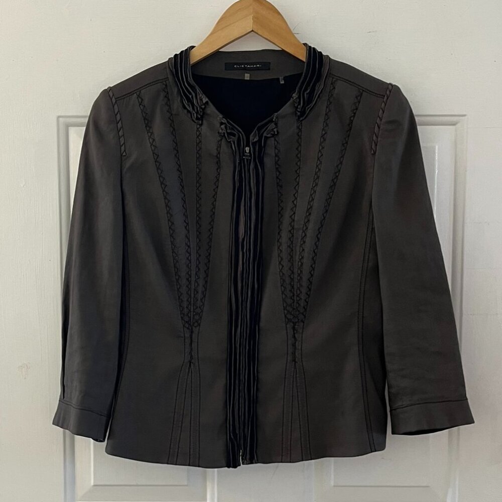 Elie Tahari Linen Blend Career Business Brown/Charcoal Zipper Front Blazer Sz Sm